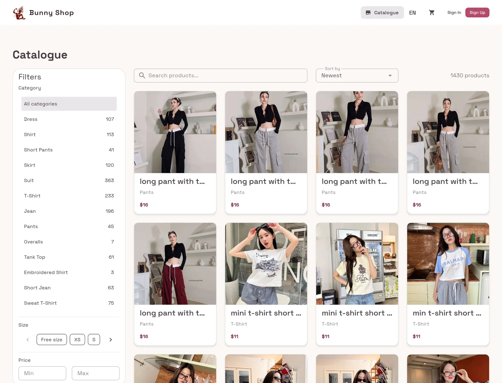 Bunny Shop — catalogue with category filters and product grid