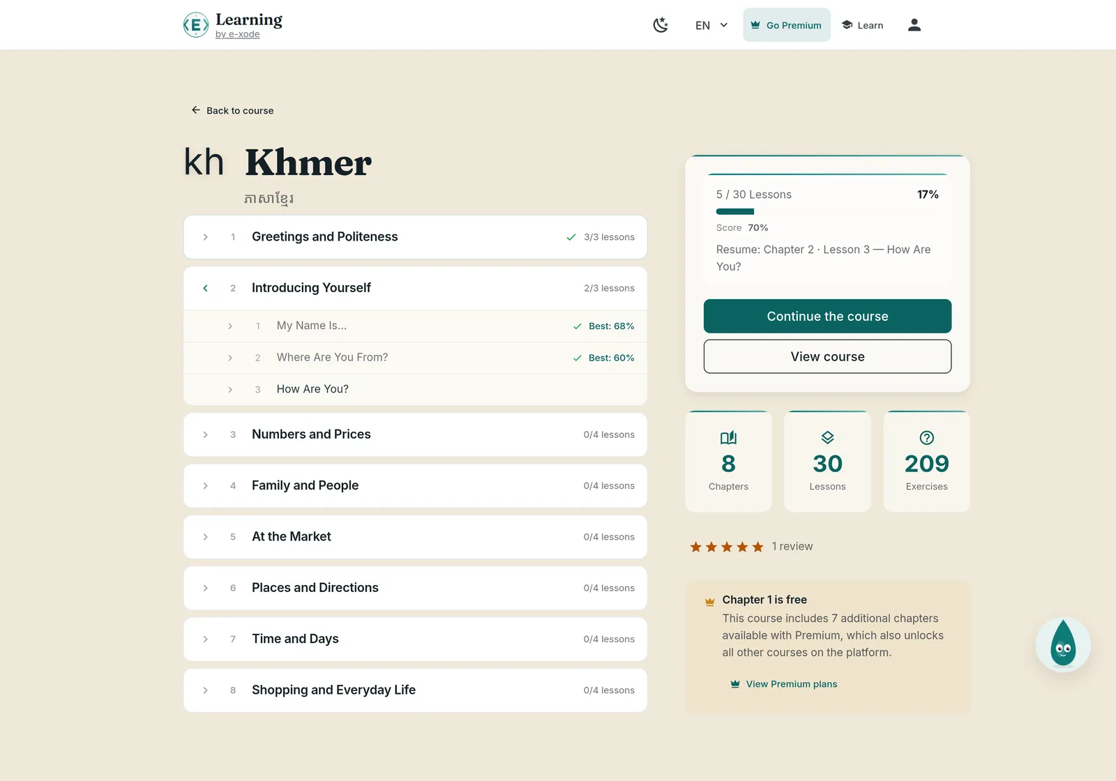 e-xode Learning — course tree: chapters, lessons and progress