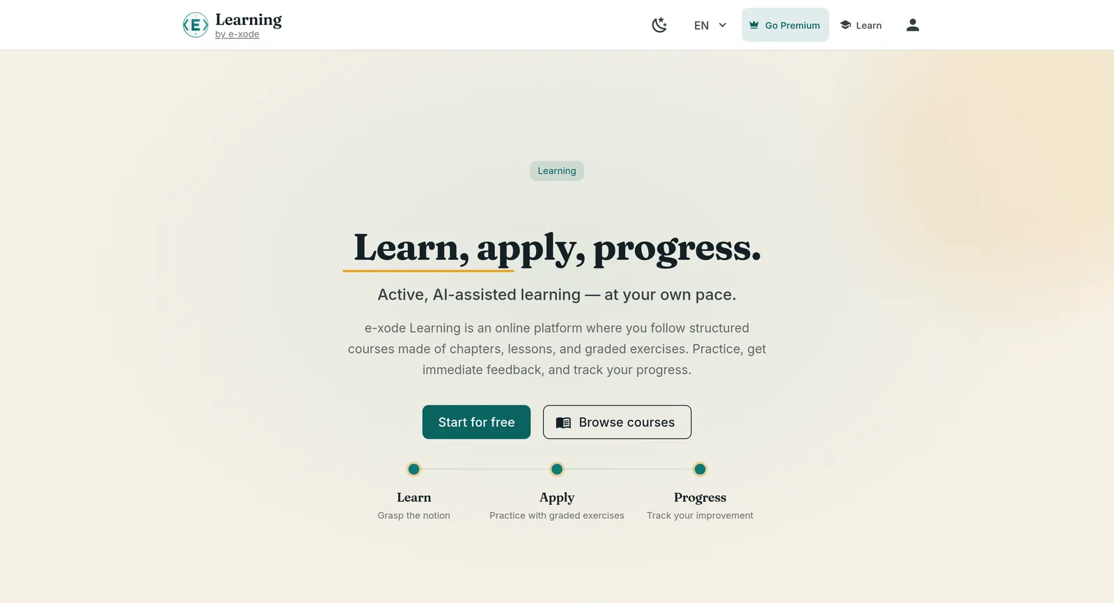 e-xode Learning — home page: 'Learn, apply, progress' and the feature grid