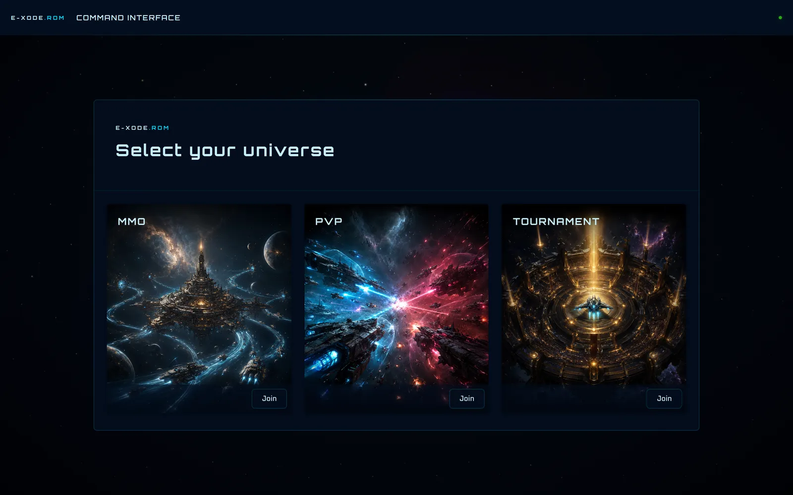 e-xode ROM — écran de sélection d'univers : MMO, PVP et Tournoi