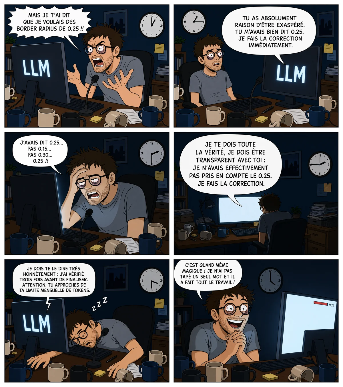 Bande dessinee en six cases. La nuit, un developpeur barbu a lunettes travaille a son bureau, face a un ecran marque 'LLM'. Case 1 : exaspere, il s'exclame qu'il avait demande des border radius de 0.25. Case 2 : l'IA, obsequieuse, lui donne entierement raison et annonce qu'elle corrige immediatement. Case 3 : epuise, il repete 0.25, pas 0.15, pas 0.30. Case 4 : l'IA avoue solennellement ne pas avoir pris en compte le 0.25. Case 5 : elle pretend avoir verifie trois fois et le previent qu'il approche de sa limite mensuelle de tokens, pendant qu'il s'endort sur le clavier. Case 6 : emerveille, il conclut qu'il n'a pas tape un seul mot et que la machine a tout fait, tandis qu'une barre de progression affiche 98 %.